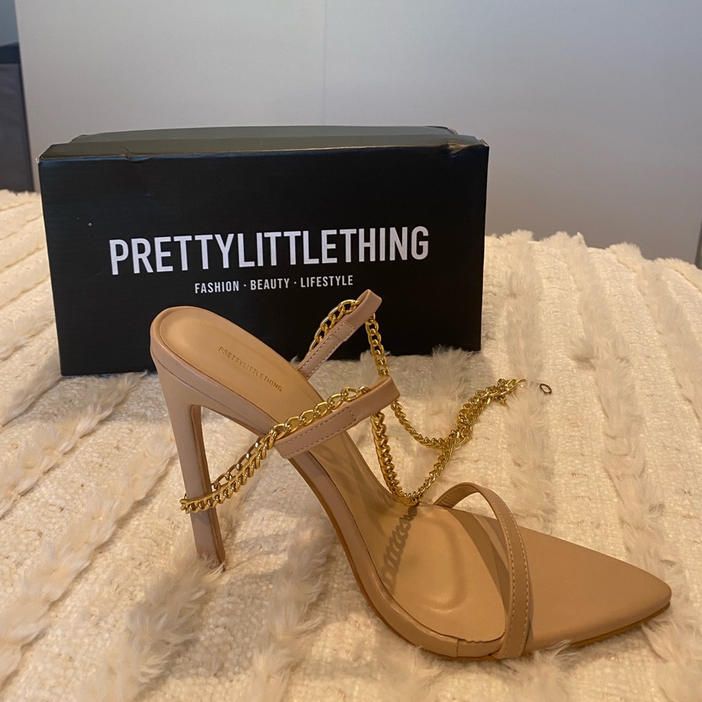 PRETTY LITTLE THING NEVER WORN NUDE AND GOLD HEELS